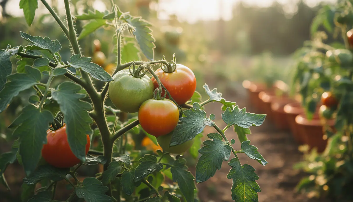 Plants de tomates sains et vigoureux au potager, feuillage vert dense