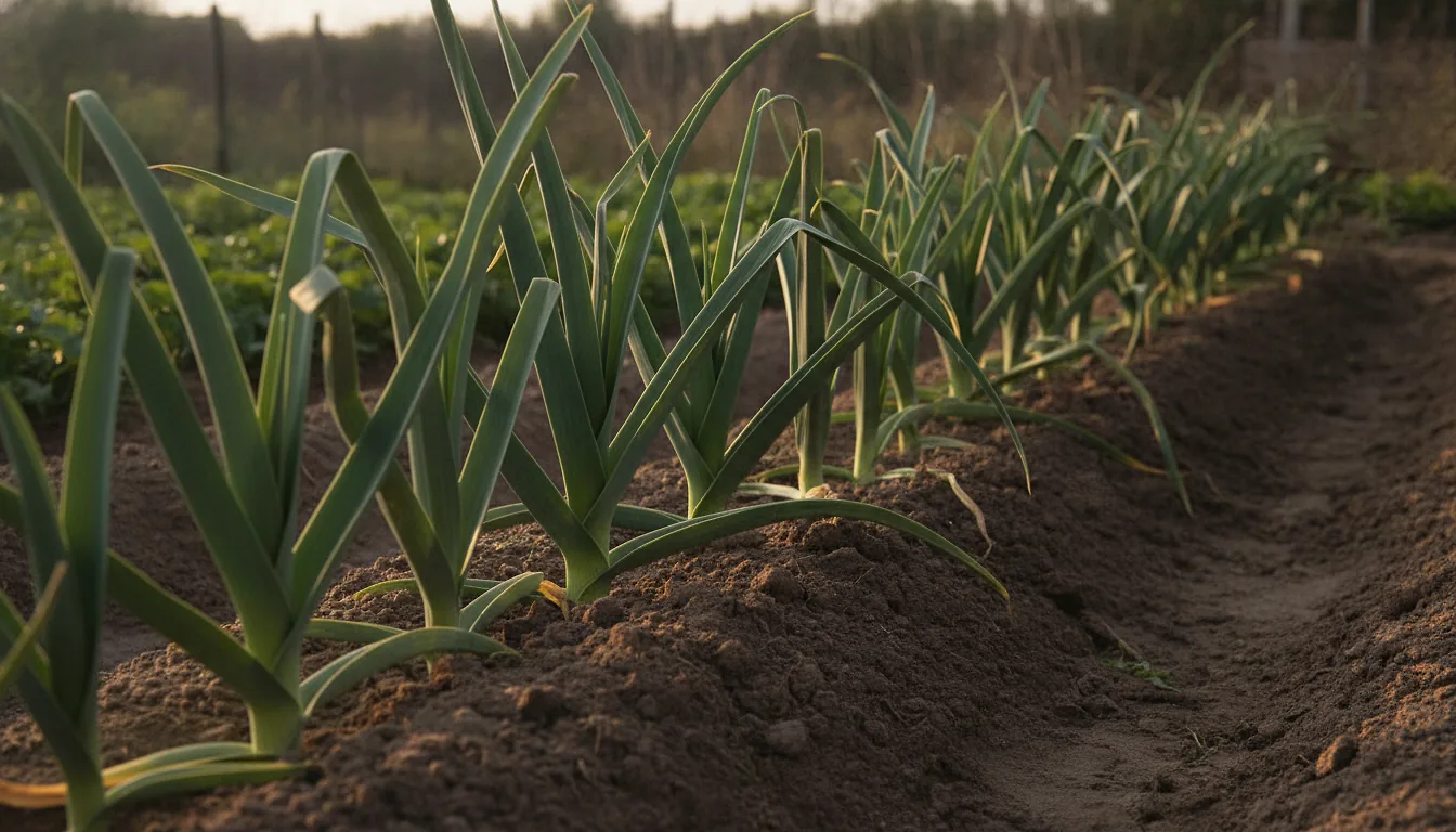 Rangée de poireaux cultivés dans un potager, fûts blanchis et dressés dans une terre brune meuble