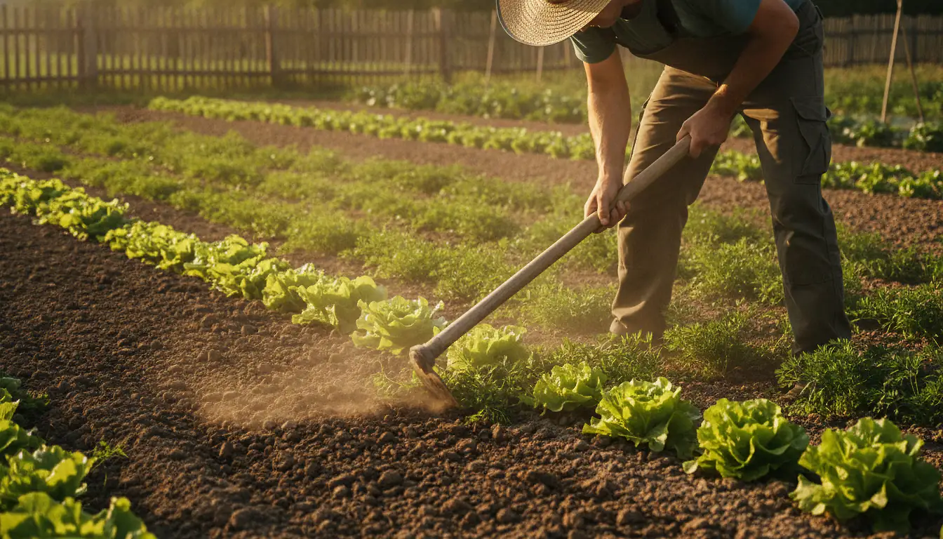 Jardinier binant des mauvaises herbes entre des rangs de légumes au potager