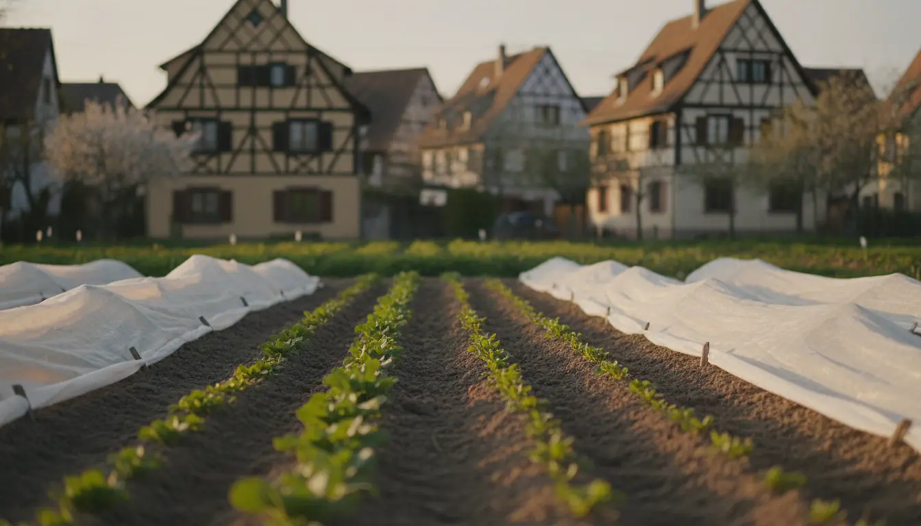 Potager alsacien au printemps avec jeunes plants sous voile de protection contre le gel