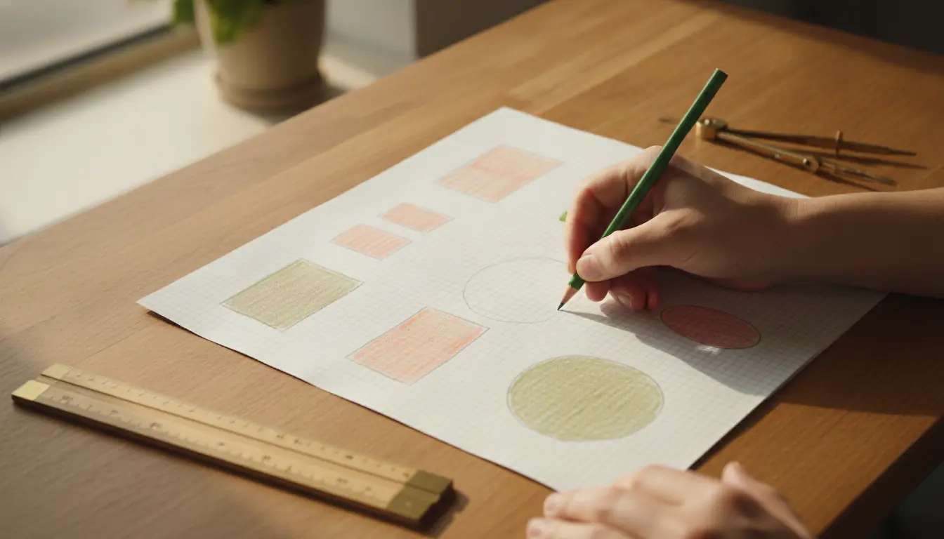 Plan de potager dessiné à la main sur papier quadrillé avec règle et crayons de couleur