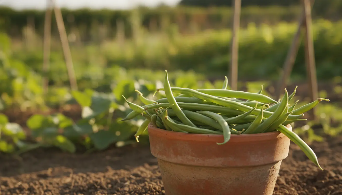 Haricots verts frais récoltés dans un potager ensoleillé, gousses vertes brillantes sur fond de terre de jardin