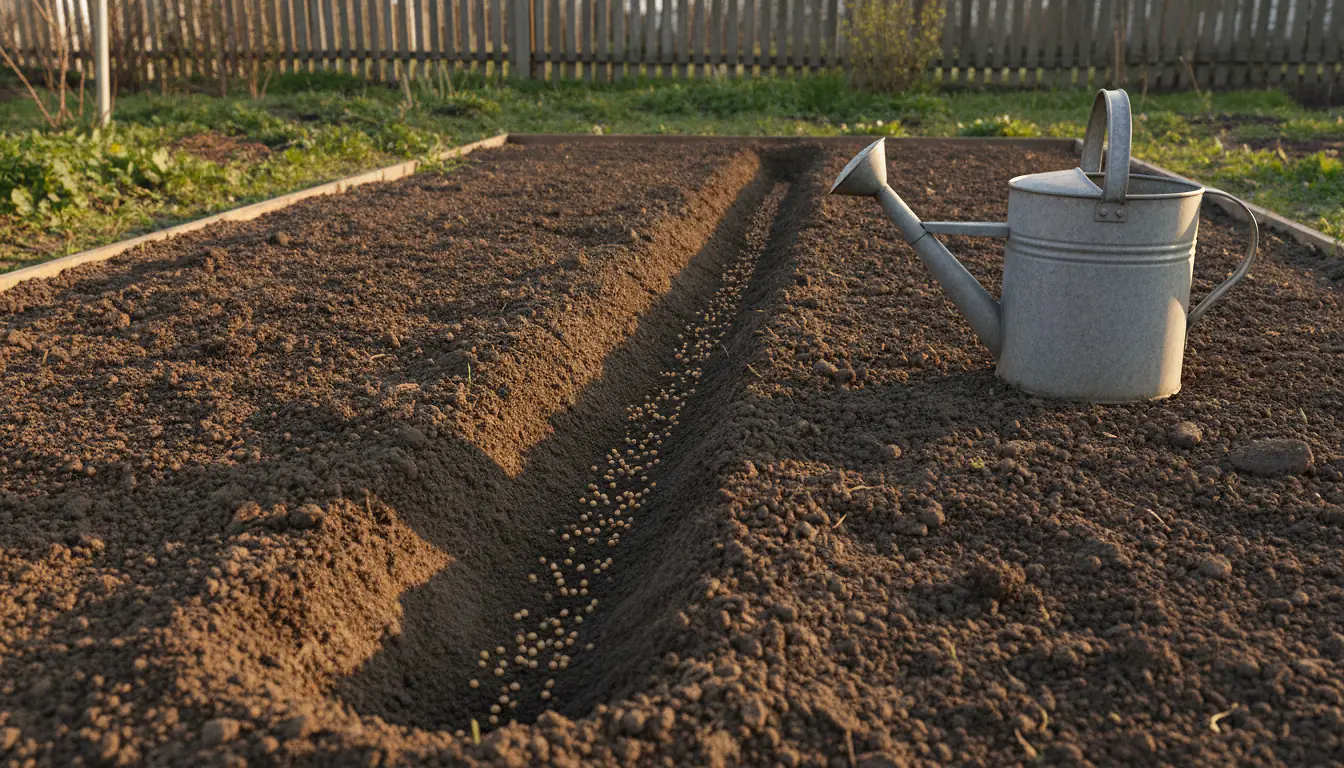 Graines de radis semées en rangs dans un sol meuble de potager, main déposant les semences au printemps